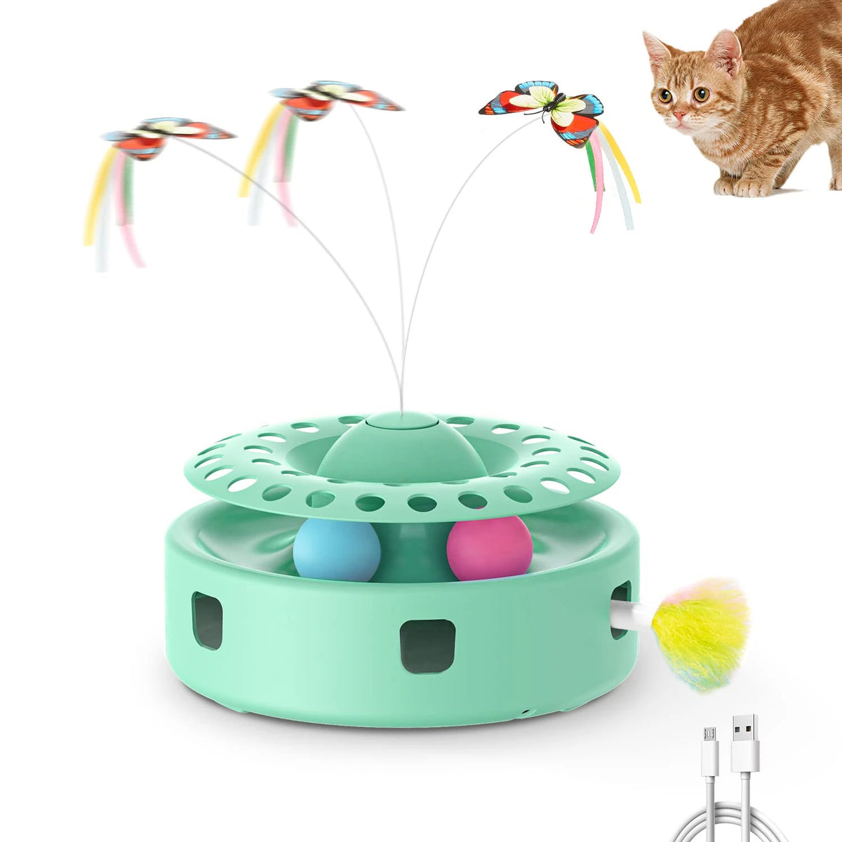 A green interactive cat toy featuring a spinning mechanism with butterfly and feather attachments.