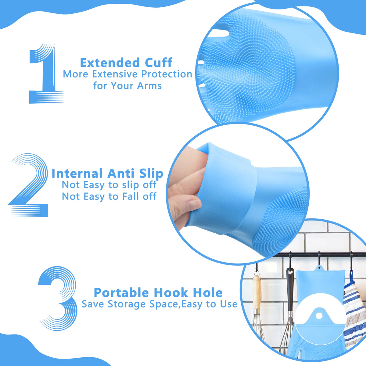 Blue silicone pet bathing gloves showing features like an extended cuff, internal anti-slip design, and a portable hook hole.