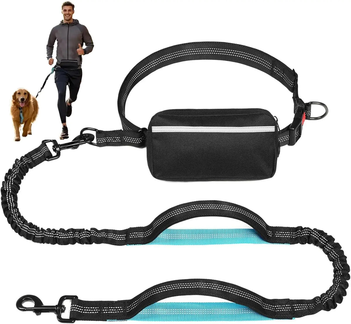 A black retractable bungee leash and harness system for dogs, shown with a person and a dog.