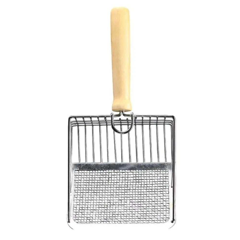 Cuchara para arena de gato de acero inoxidable con mango de madera claro