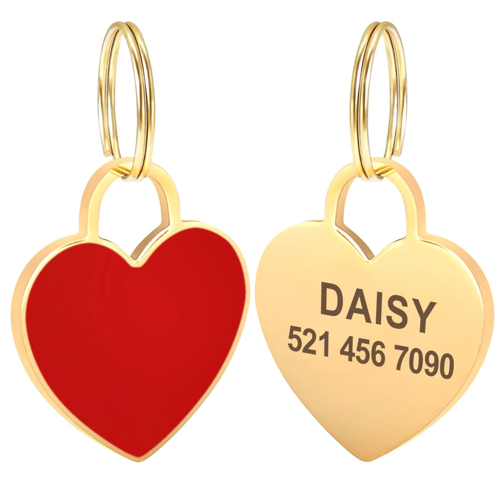 Gold heart-shaped pet ID tag with the name Daisy and phone number 5214567090