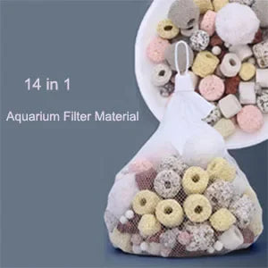 Mesh bags filled with various aquarium filter media materials including sponges and stones