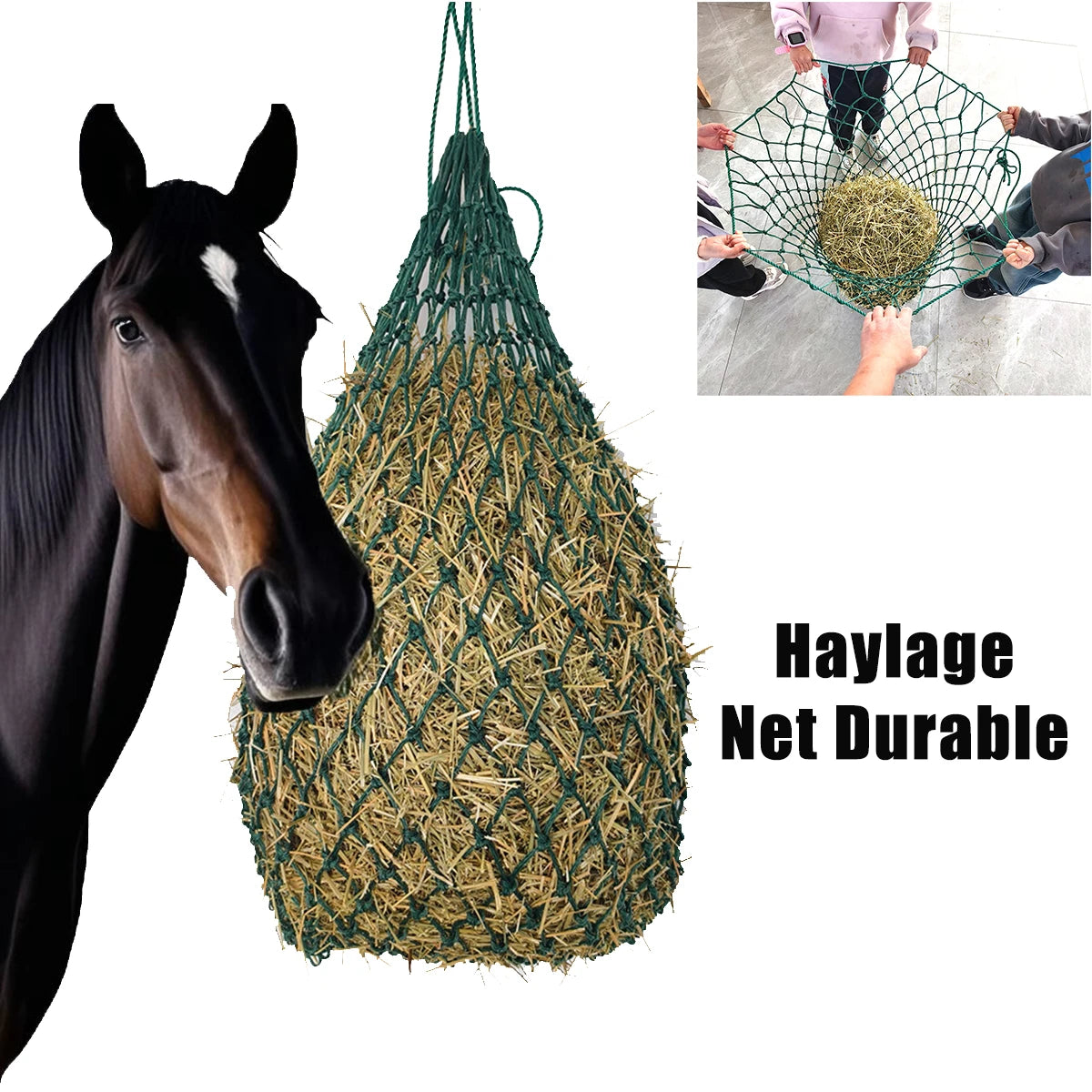 A dark horse is shown next to a large, durable haylage net used for feeding.
