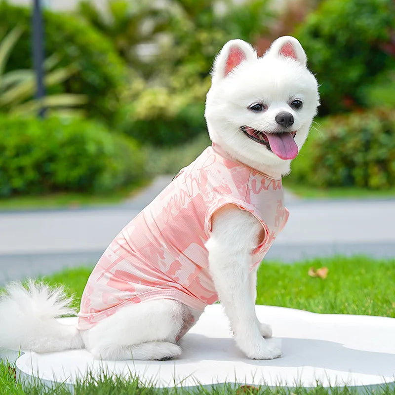 A white dog wearing a pink ice silk cooling vest is lying on green grass.