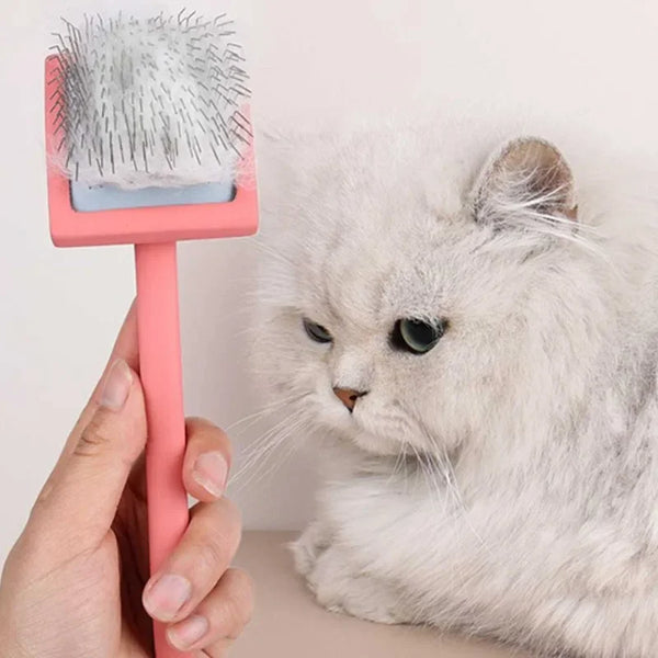 A hand holds a pink ergonomic long-handle pet grooming brush with silver bristles next to a fluffy white cat.