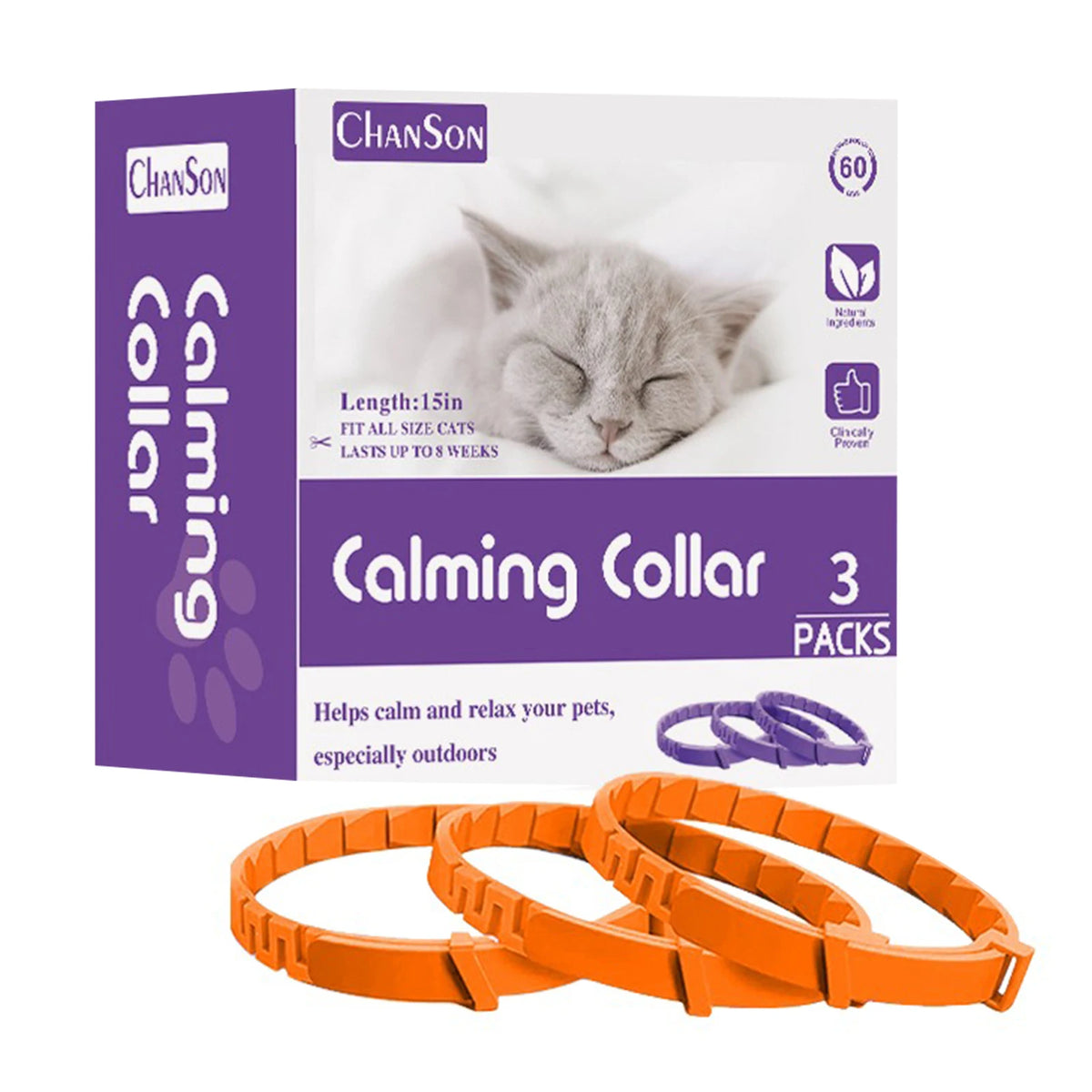 Box of three calming pheromone collars for pets with orange and purple bands shown next to the packaging.