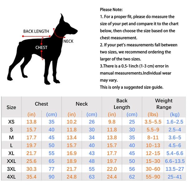 Diagramm mit Maßen für einen Hund, einschließlich Brust-, Hals- und Rückenlänge, mit Größentabelle.