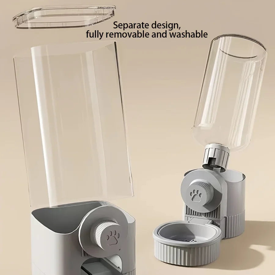 Klares, automatisiertes Haustierfutter- und Wasserspender-Set mit abnehmbarem Design in verschiedenen Winkeln.