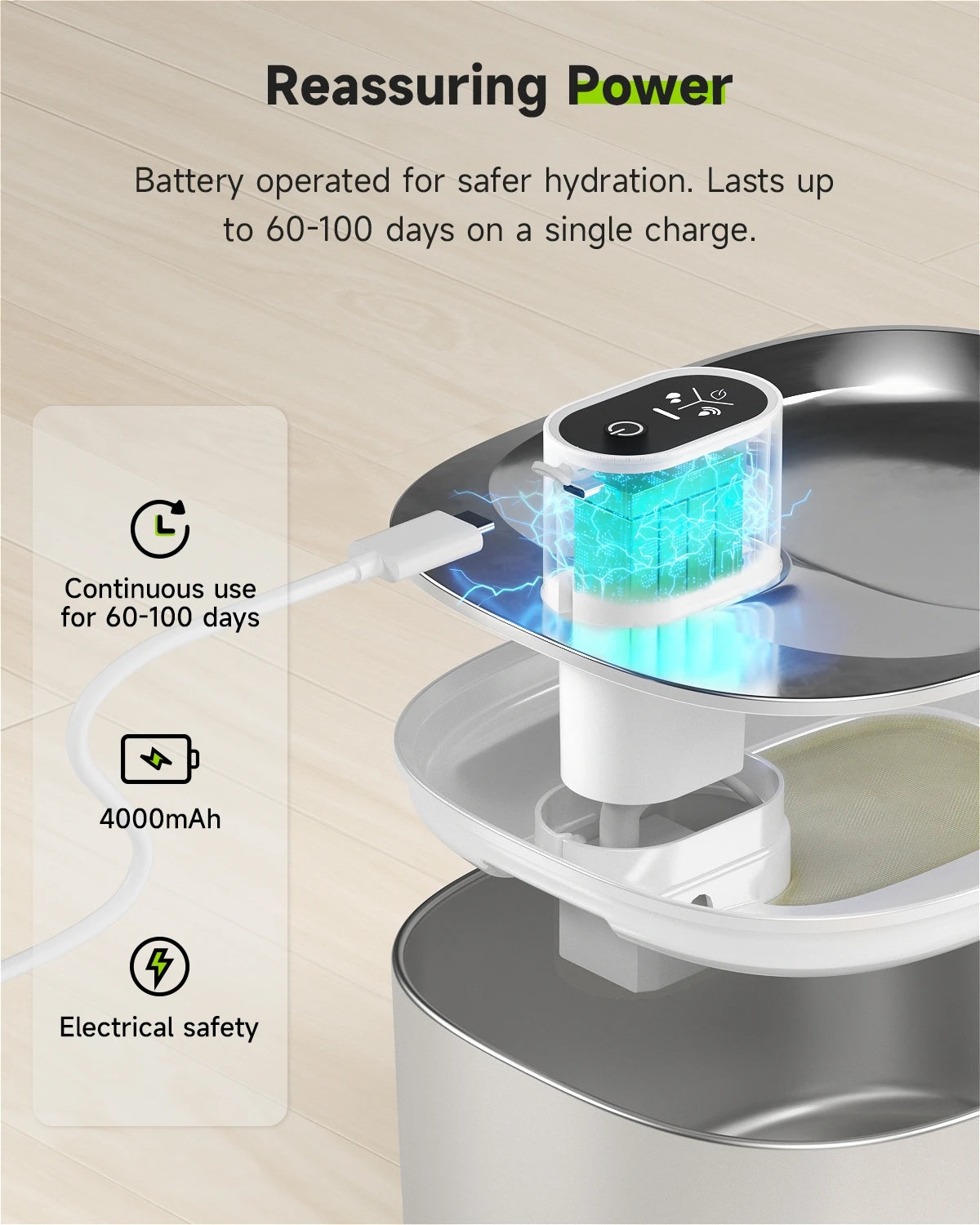 A wireless cat water fountain device is shown operating in a stainless steel bowl, demonstrating its battery life and electri