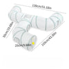 White collapsible indoor play tunnel for cats shown with various length options and dimensions.