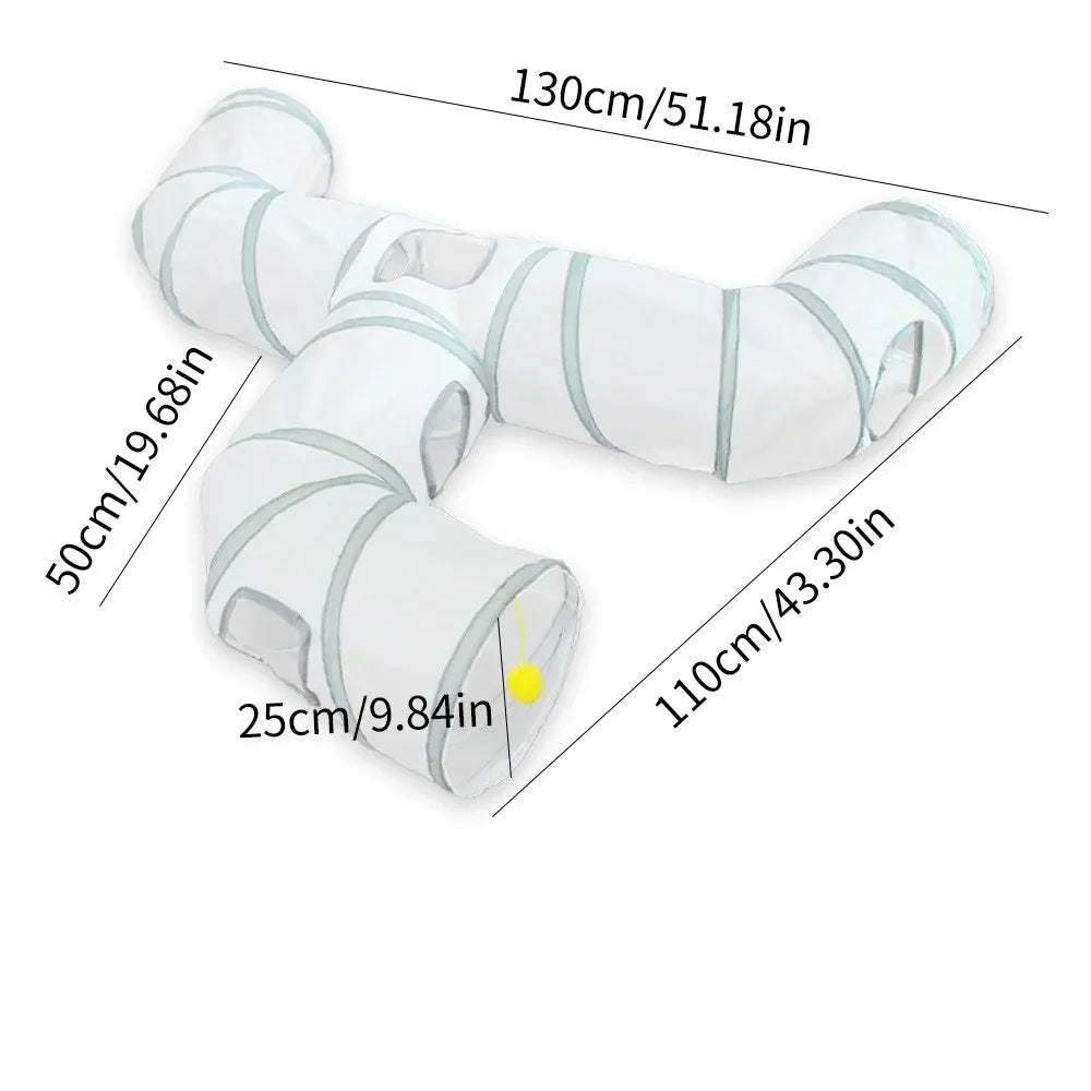 White collapsible indoor play tunnel for cats shown with various length options and dimensions.
