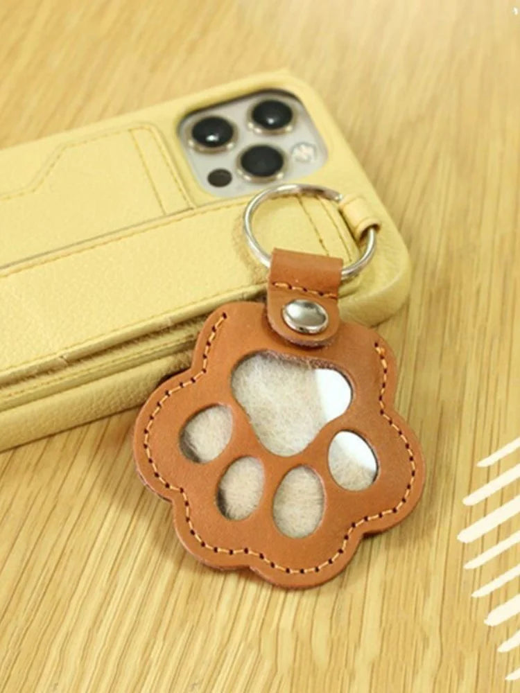 Leather Pet Hair Keepsake Keychain with Cat Paw Design