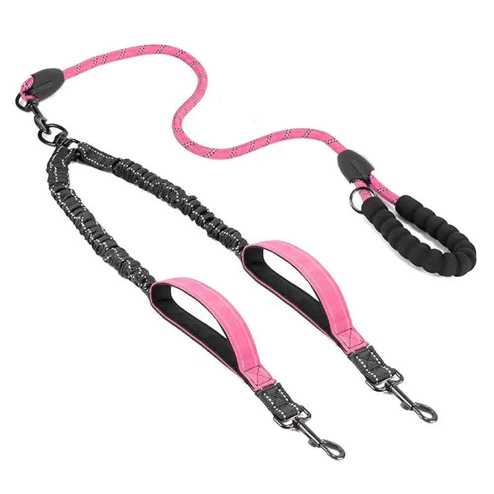 A pink and black reflective dual dog leash with two traffic handles.