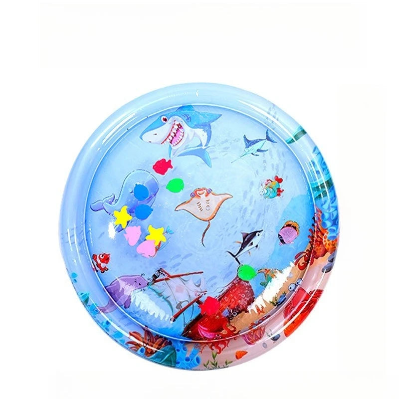 A round, clear blue inflatable water play mat featuring colorful sea creatures and aquatic themes.