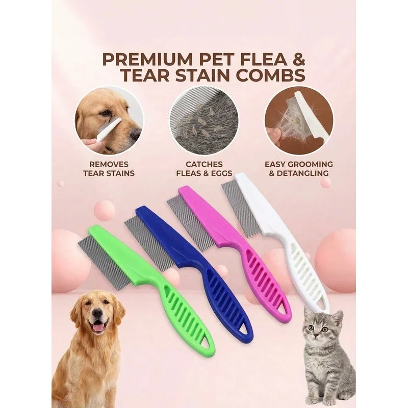 A collection of premium pet flea and tear stain combs in various colors, including pink, purple, green, and white, shown with