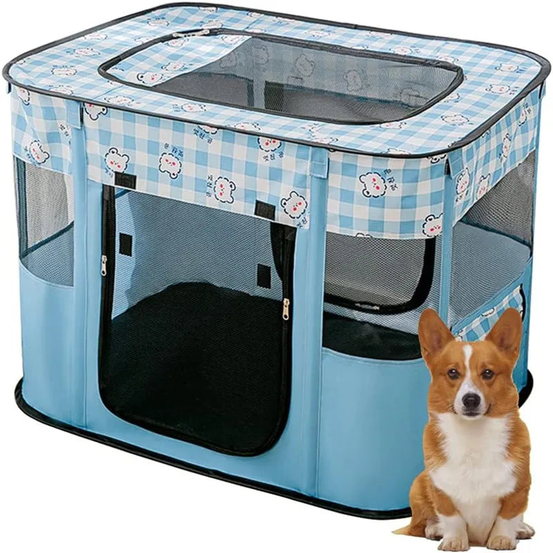 Cage portable pliable pour animaux de compagnie bleu clair à motif à carreaux, avec espace clos et sac de transport.
