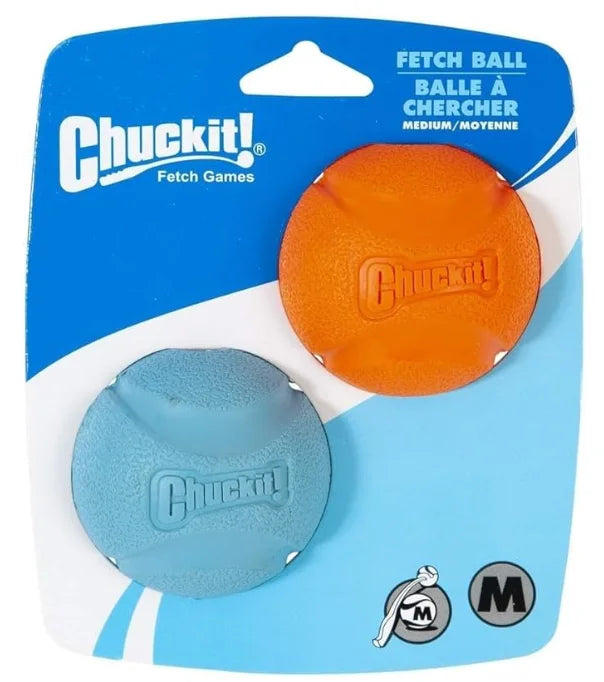 A package containing two orange and blue squeaky fetch balls for dogs.