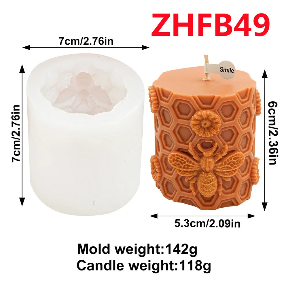 Honeycomb silicone mold for candles and crafts shown with a white candle and an orange honeycomb mold.