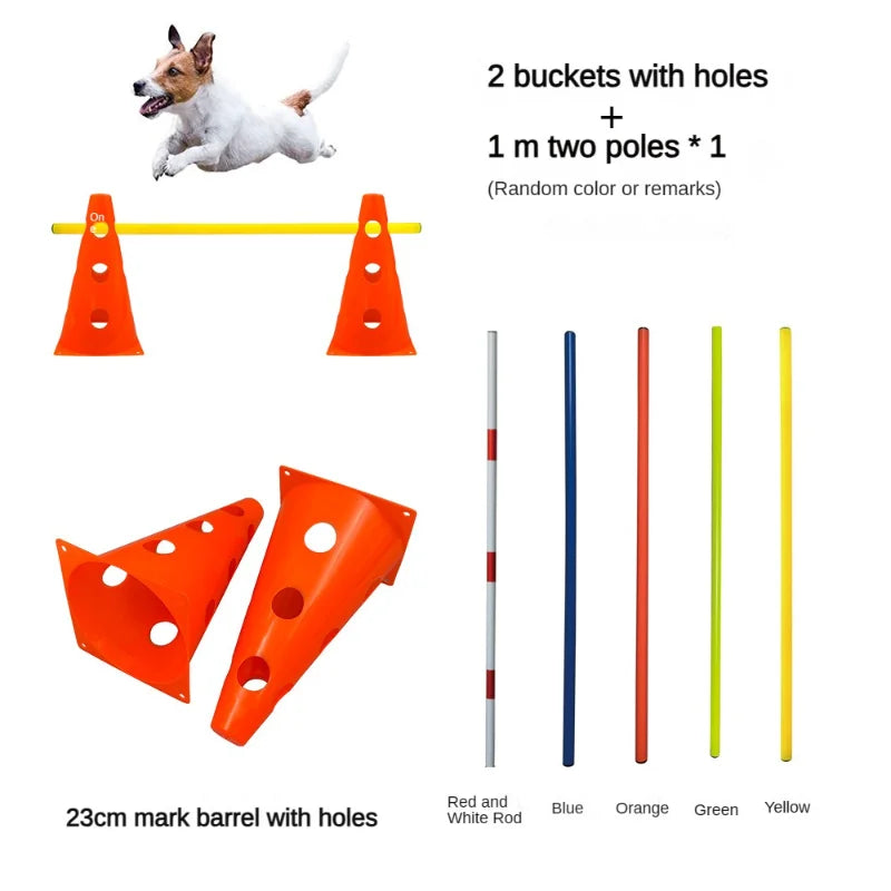 Juego de 2 cubetas con agujeros y 1 metro de dos postes para entrenamiento de agilidad canina