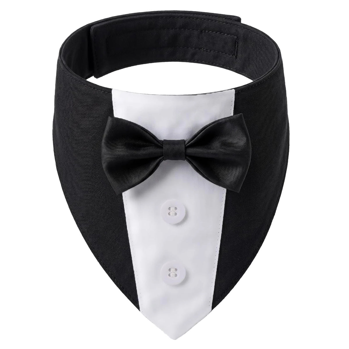 Black and white elegant dog tuxedo bandana with a black bow