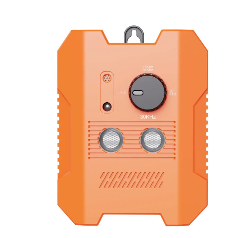 An orange rechargeable ultrasonic dog bark deterrent device with a round switch and two speaker grills.
