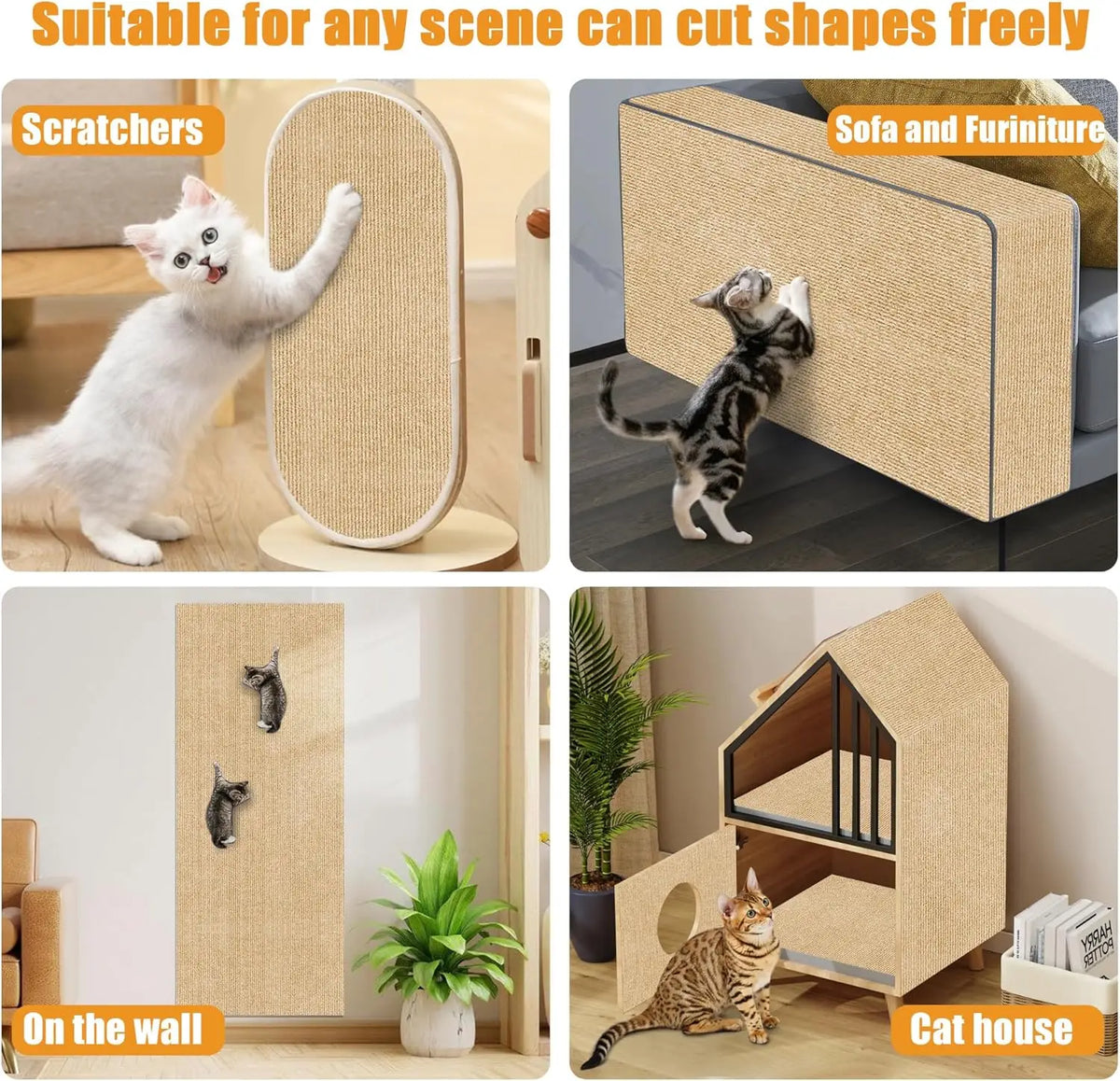 Beige Kratzmatte für Katzen an der Wand neben einem Katzenhaus und Möbeln.