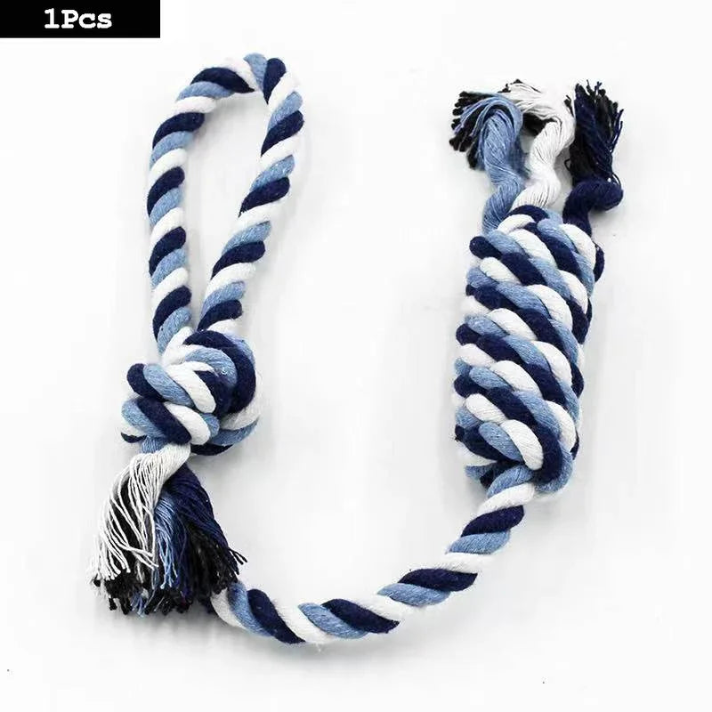 A bundle of blue and white cotton rope toy with carrot and dumbbell shapes