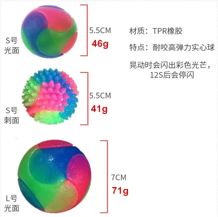 Three rubber fetch balls are shown: an S-grade light surface, an S-grade control surface, and an L-grade light surface.