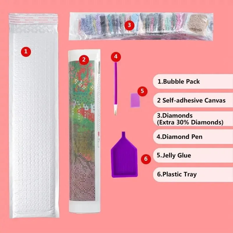 A diamond painting kit showing various components including canvases, diamonds, glue, and a plastic tray.