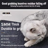 A gray cat is resting on a dark fabric, demonstrating the grip of a 5MM thick durable board used as a cat scratching pad.