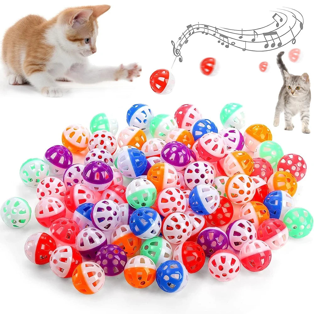 A multi-pack of colorful cat toy balls shaped like jingle bells, including red, green, yellow, and purple.