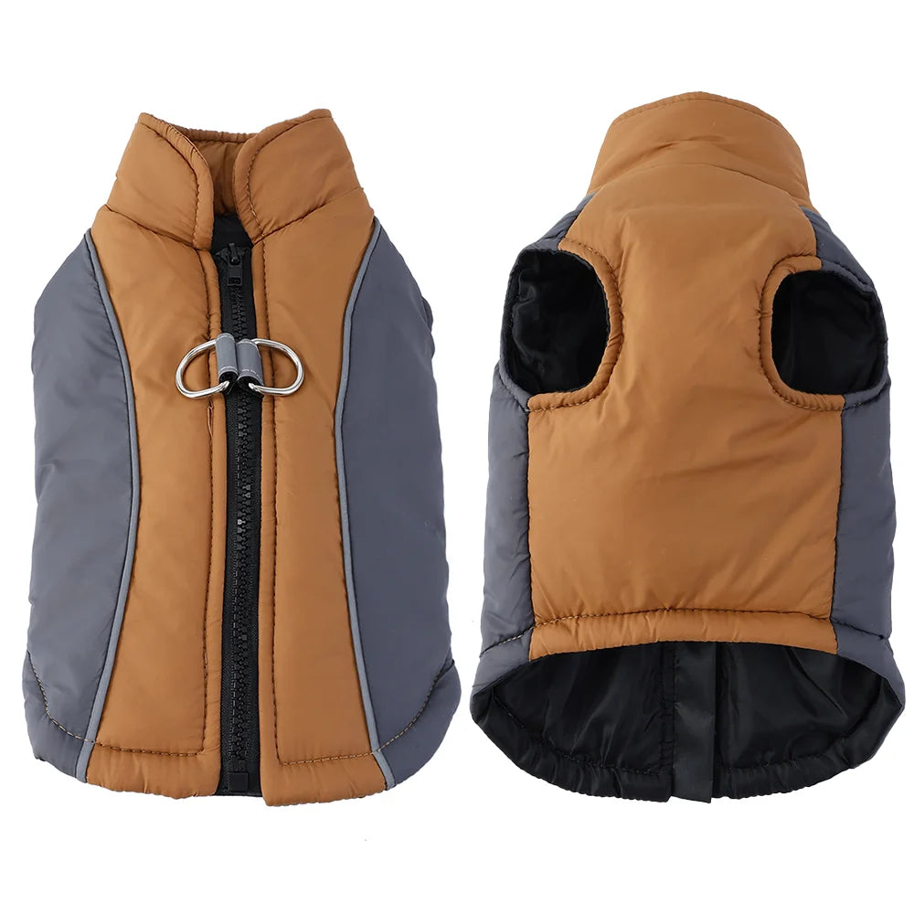 Gilet de chien imperméable et réfléchissant marron et gris, vues arrière et avant.