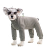 A small, light gray thermal fleece dog jumpsuit standing on a white background.