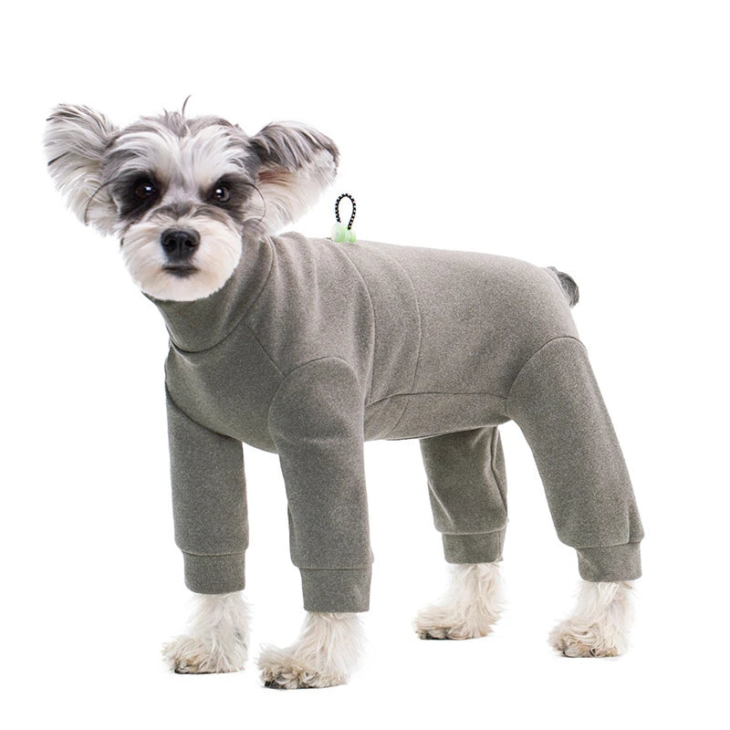 A small, light gray thermal fleece dog jumpsuit standing on a white background.