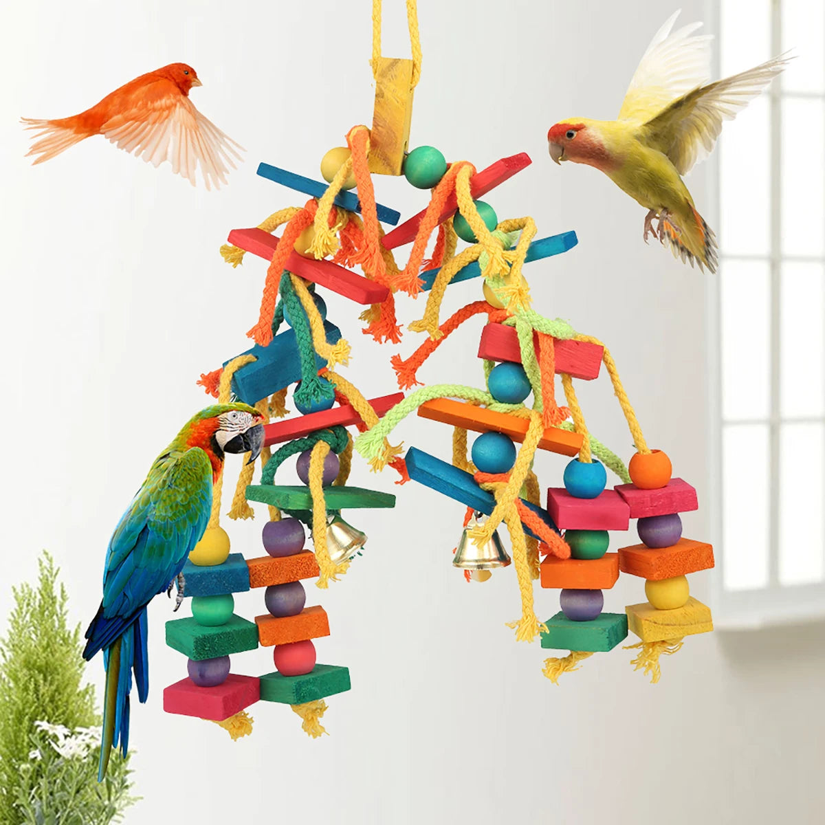 Colorful Wooden Bead and Rope Parrot Chew Toy with Hanging Hook