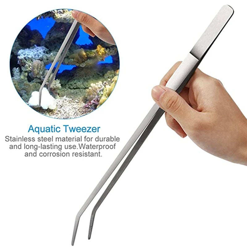 A hand holds a stainless steel aquatic tweezer tool used for cleaning marine life.
