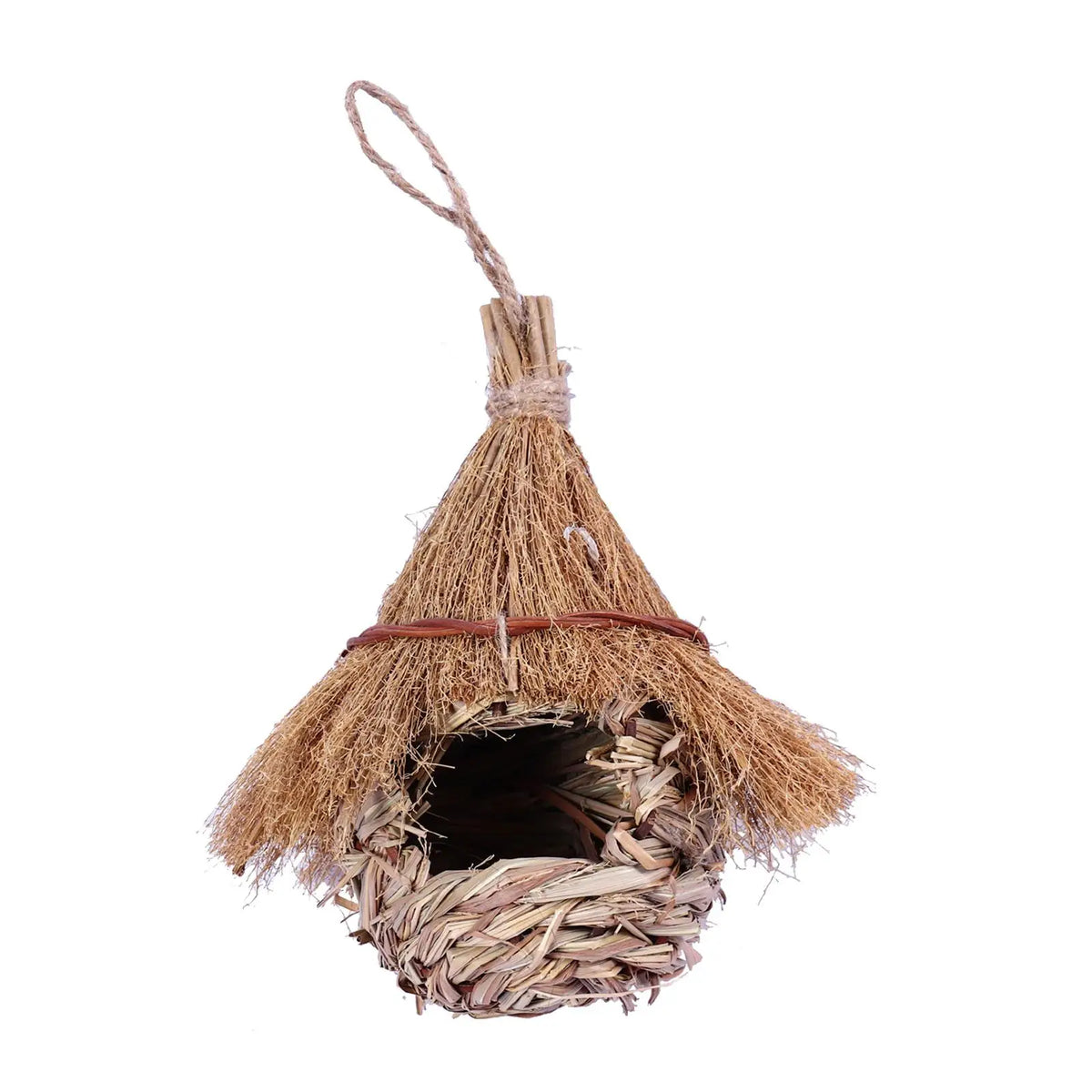 Hand-woven grass bird house with a natural straw roof and wooden hanger