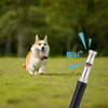 A fluffy white and tan dog is shown next to an adjustable ultrasonic dog whistle for pet training.