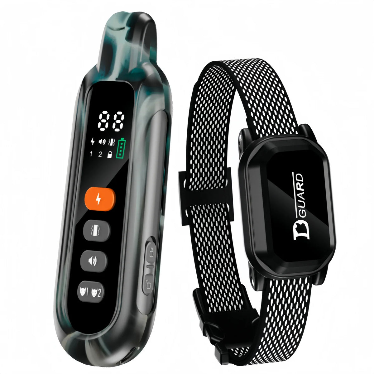 A black remote dog training collar with a strap and a square transmitter unit.