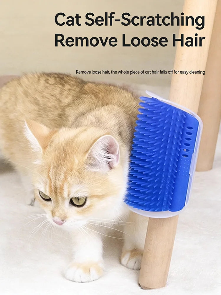 A small orange kitten is using a blue self-scratching comb on a wooden scratching post to remove loose hair.