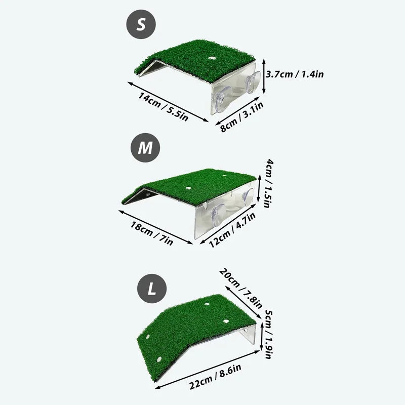 Three sizes of a turtle basking platform with a grass ramp and suction cups labeled S, M, and L.