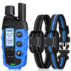 Collar de entrenamiento eléctrico negro para perro con carcasa azul y correa de nylon negra.