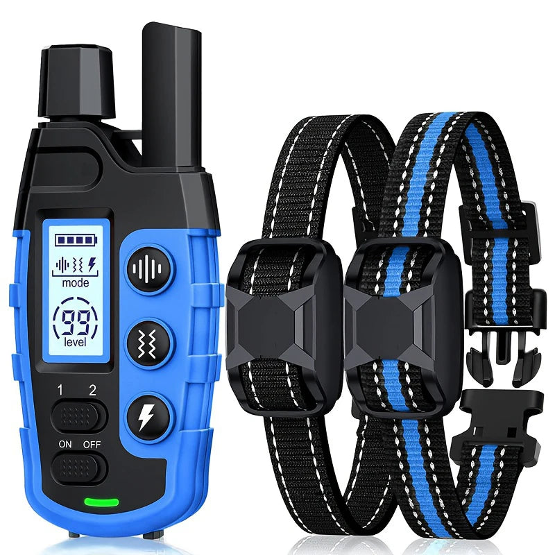 Collar de entrenamiento eléctrico negro para perro con carcasa azul y correa de nylon negra.