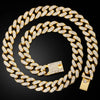 A gold-toned diamond Cuban link necklace set displayed on a black background.