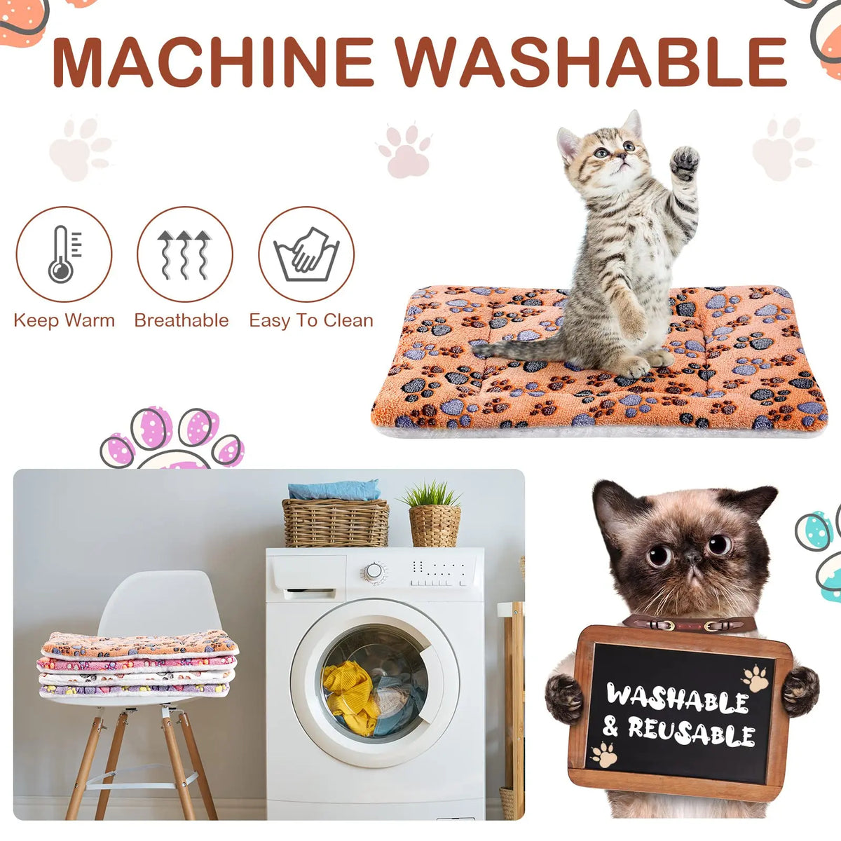 A fluffy cat is resting on a orange pet mat and sleeping pad, with laundry care icons nearby.