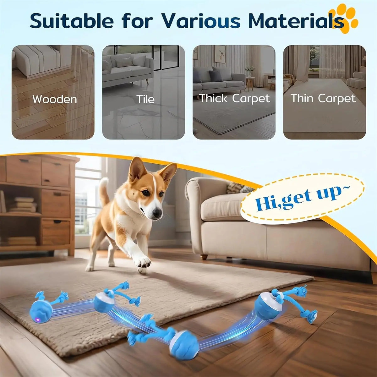 Interactive rolling dog ball with blue ropes and LED modes on a wooden floor.