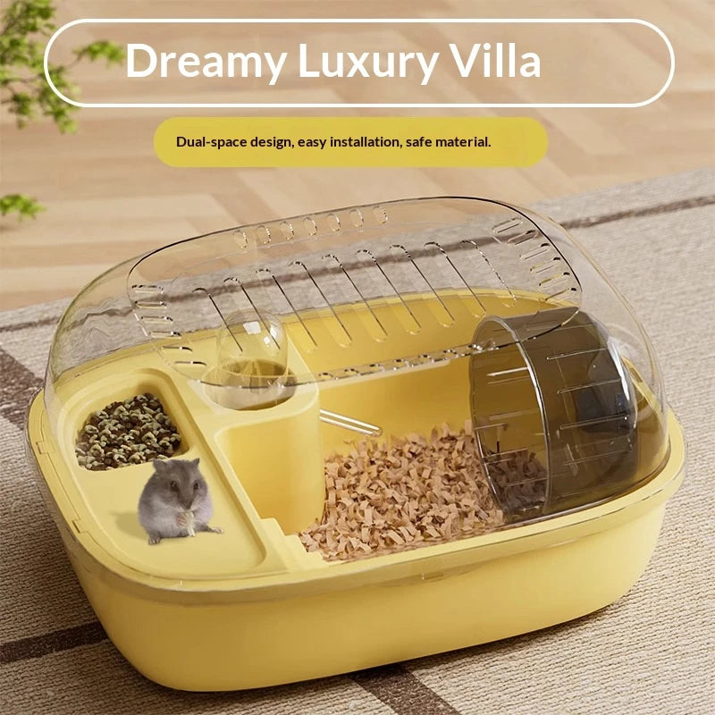 Geliges Hamsterkäfig-Habitat mit klarem Kuppel- und Futterfach auf gewebtem Matten