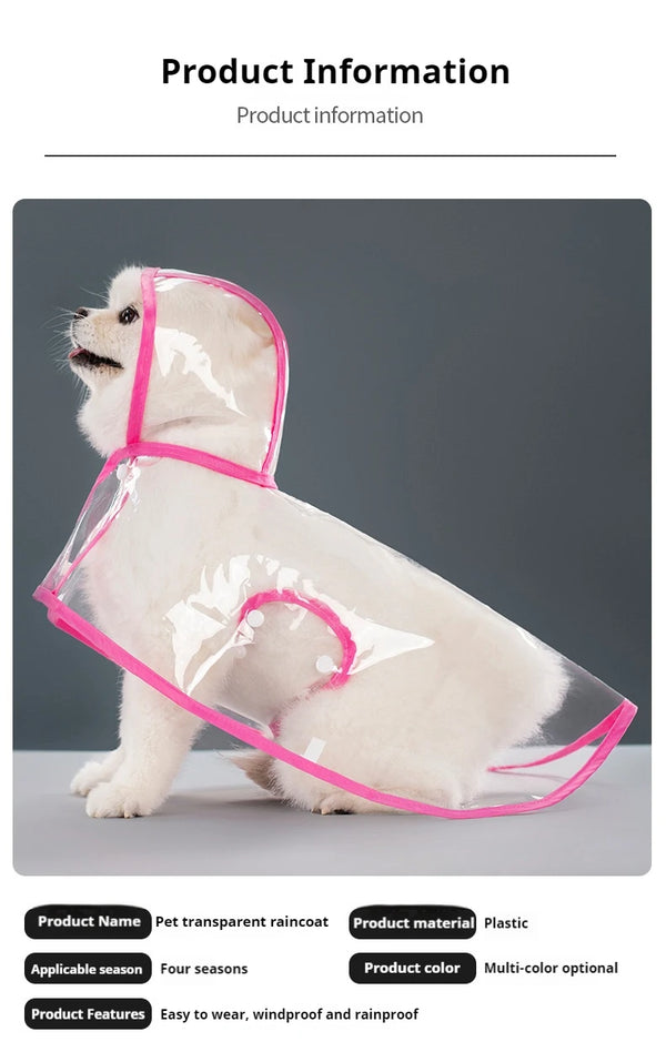 A light-colored dog wearing a clear plastic raincoat with a hood, shown in a side profile.
