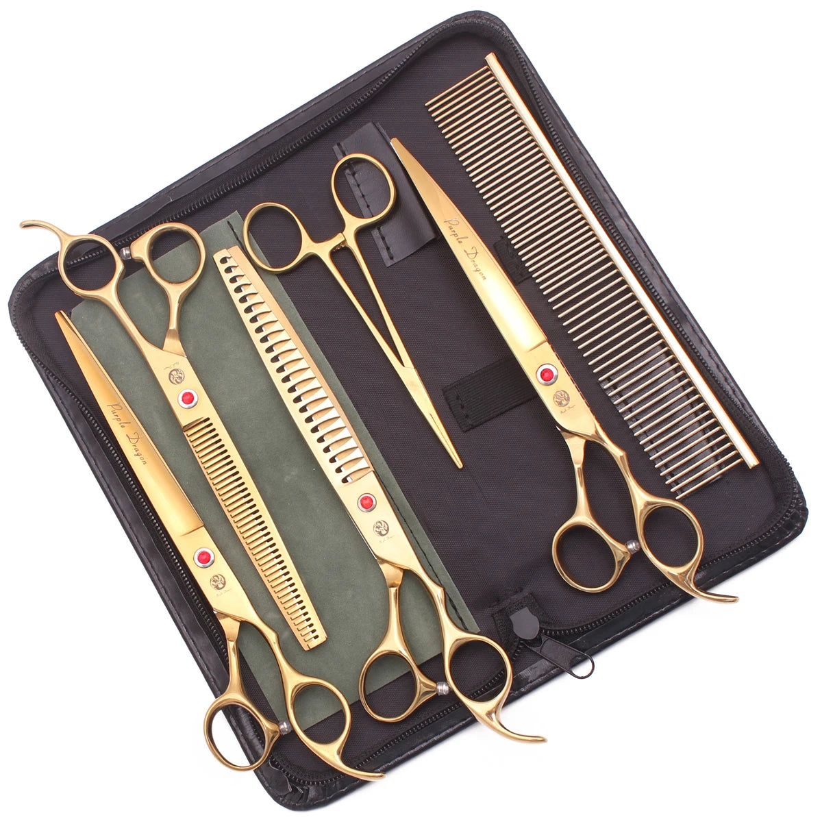 A black case containing professional stainless steel pet grooming scissors and a comb.