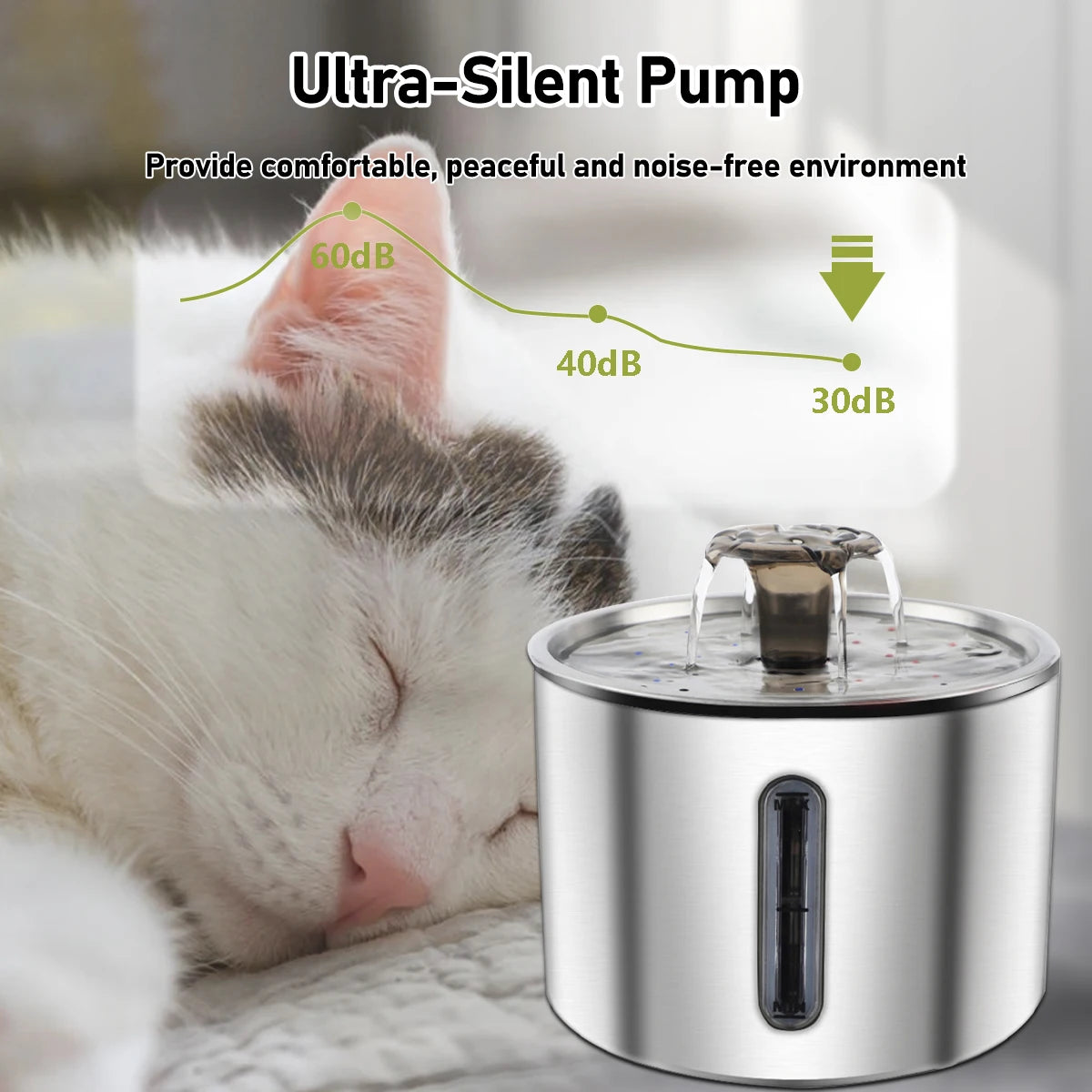 A stainless steel automatic pet water fountain is shown with a cat drinking water.